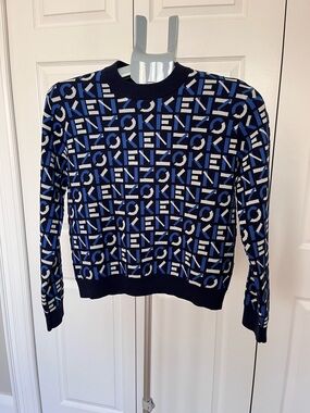Kenzo Navy, Royal Blue & White Logo Knit Sweatshirt